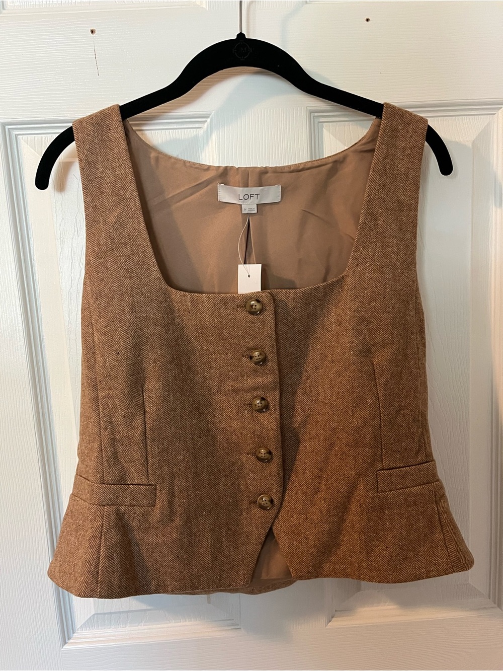 LOFT Tan Tweed Button-Front Women's Vest - Picture 2 of 5